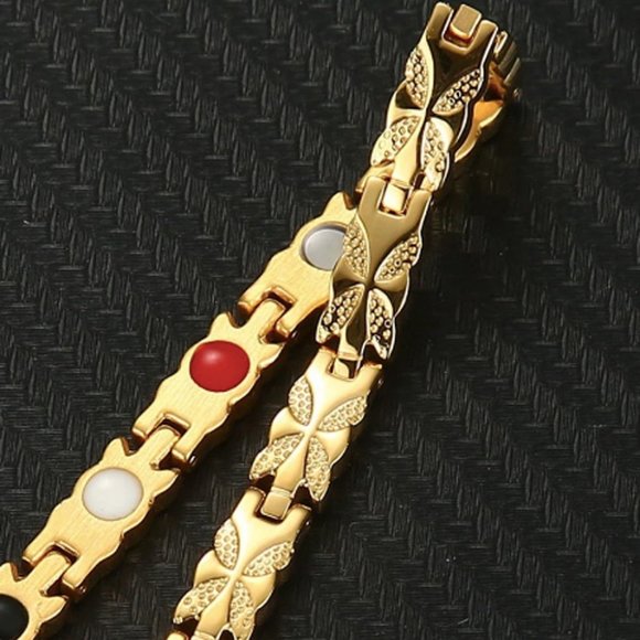8" inch Magnetic Stainless Steel Bracelet For Women. Gold Tone Flower Design. - Picture 3 of 4